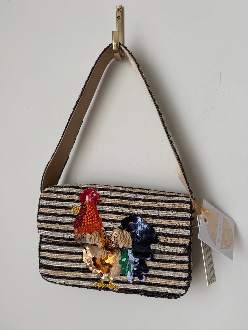 Beaded cream rooster Striped Sequins Shoulder Bag
